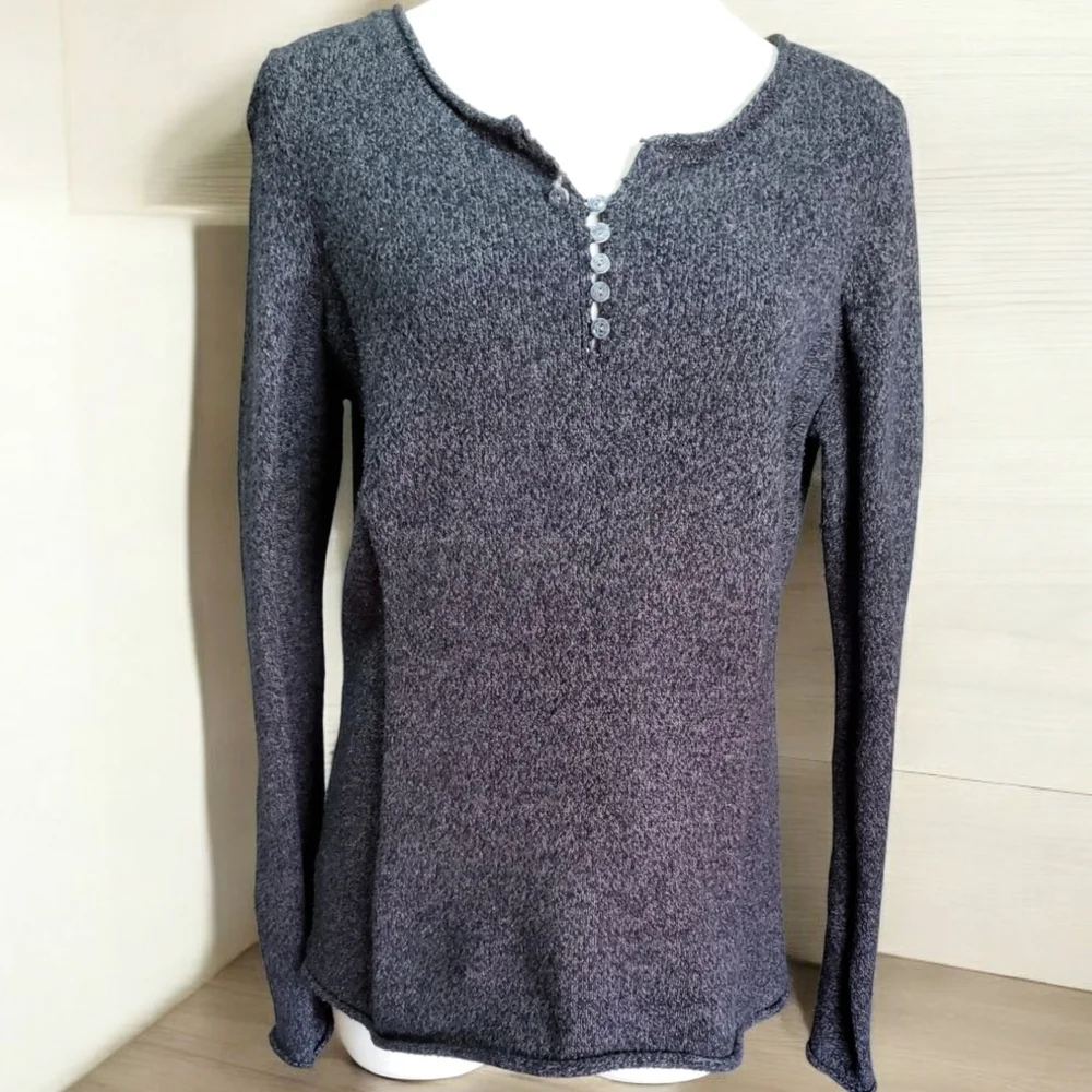 Sundance Sweater Womens M Black Gray Buttoned Silk Rolled Hem Henley Pullover